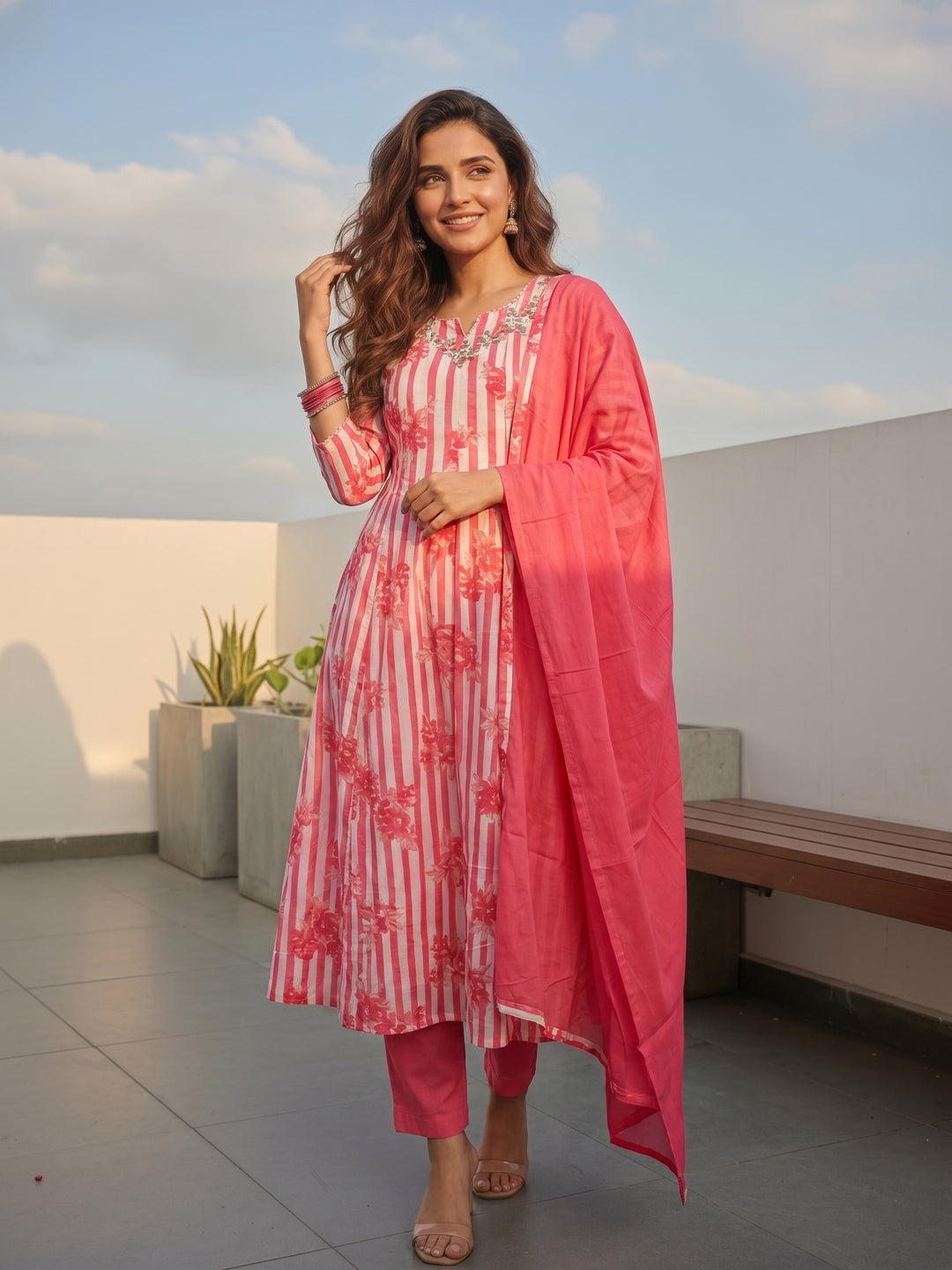 Floral Striped Mirror Work Anarkali Kurta with Pant & Dupatta - Pink