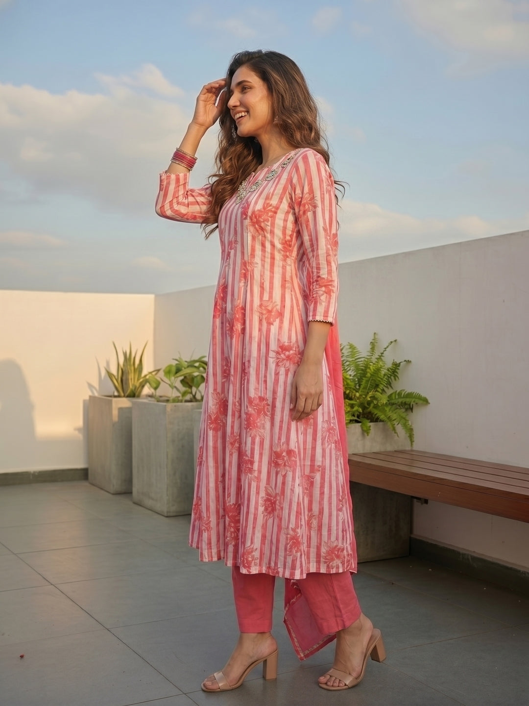 Floral Striped Mirror Work Anarkali Kurta with Pant & Dupatta - Pink