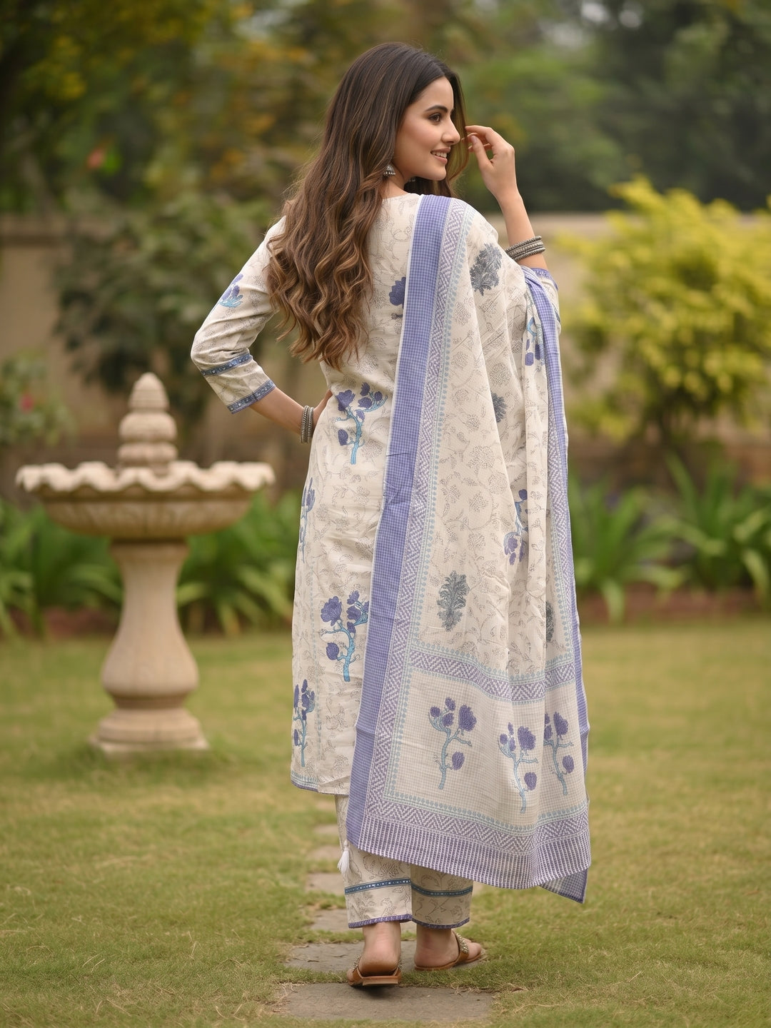 Floral Block Printed Embroidered Straight Kurta with Palazzo & Dupatta - Lavender