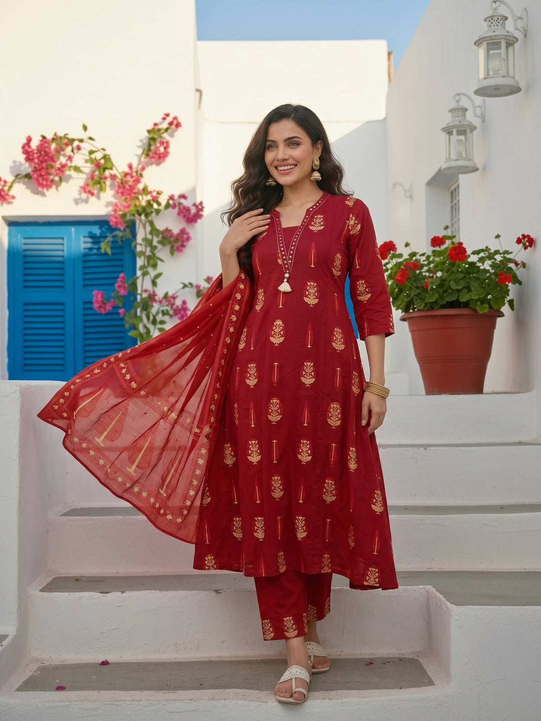 Ethnic Buta Printed & Mirror Work Straight Kurta with Palazzo & Dupatta - Maroon