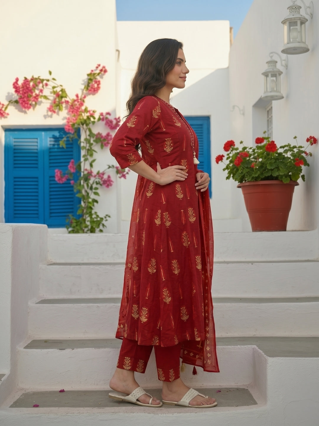 Ethnic Buta Printed & Mirror Work Straight Kurta with Palazzo & Dupatta - Maroon
