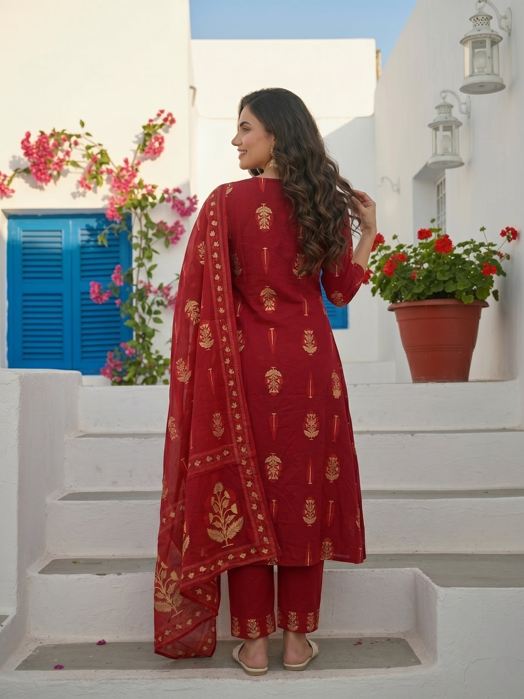 Ethnic Buta Printed & Mirror Work Straight Kurta with Palazzo & Dupatta - Maroon
