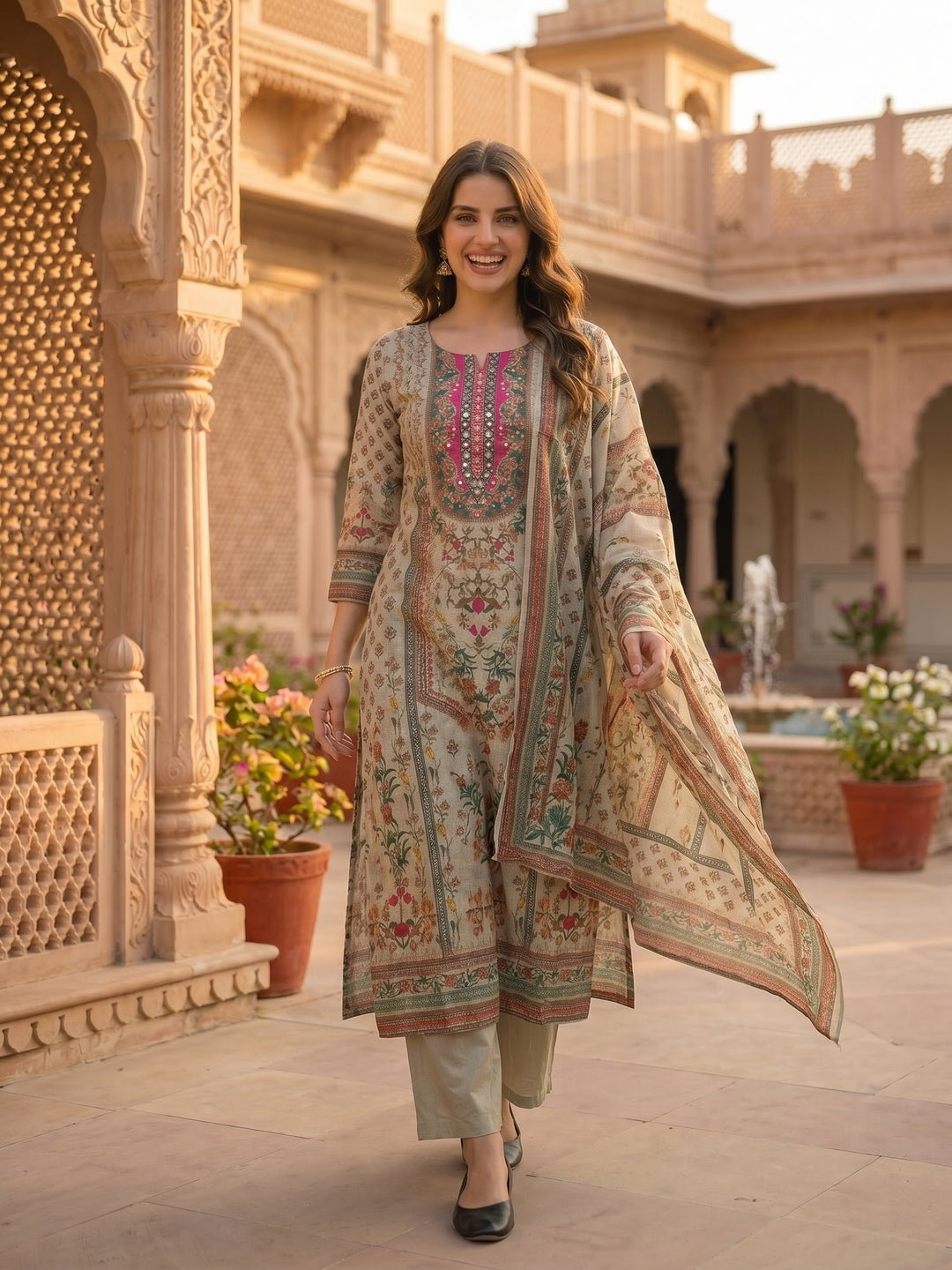 Floral Printed Mirror Work Straight Kurta with Palazzo & Dupatta - Mint Green