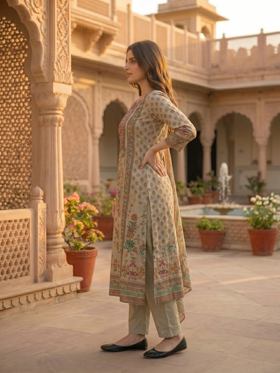 Floral Printed Mirror Work Straight Kurta with Palazzo & Dupatta - Mint Green