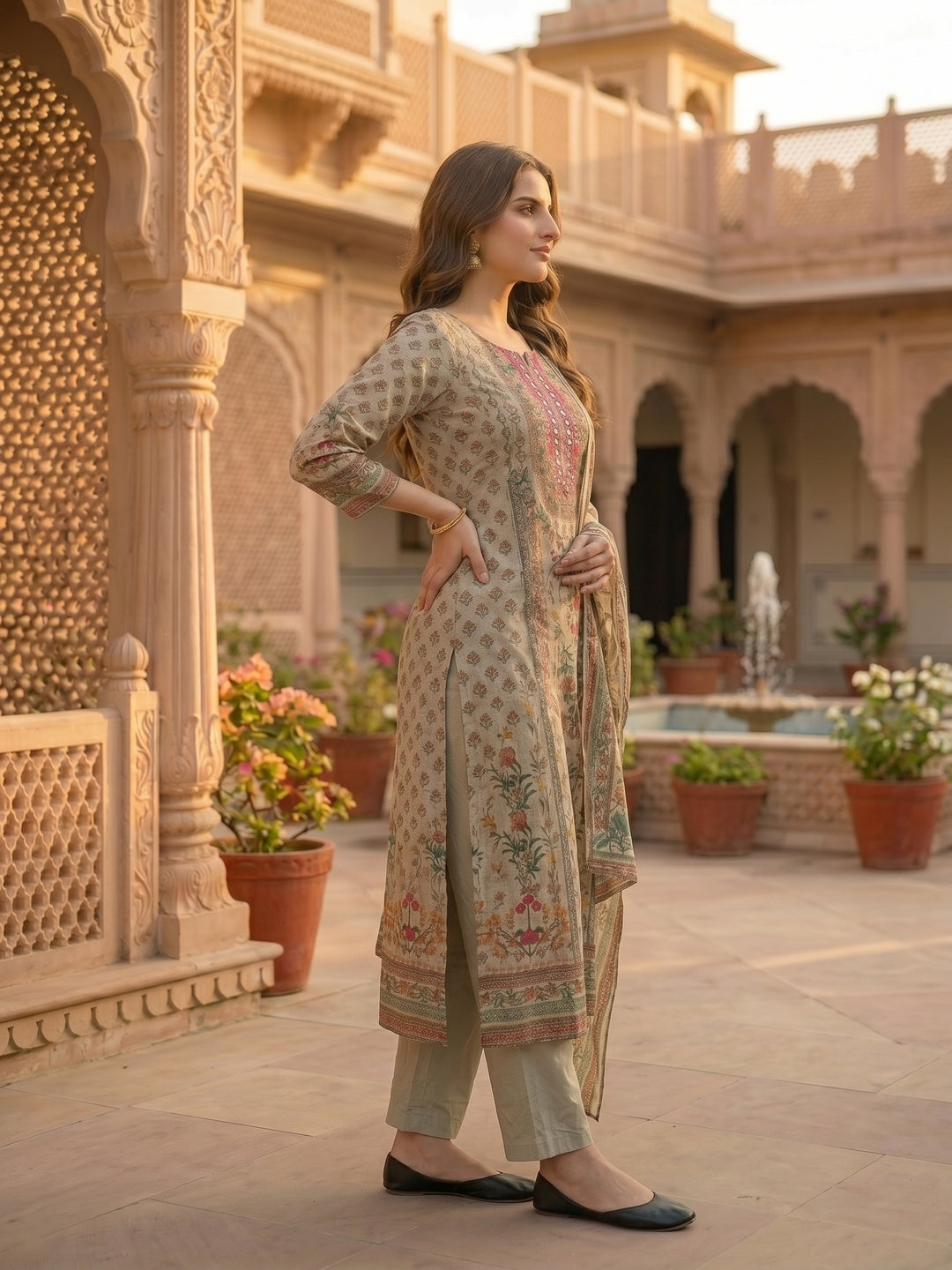 Floral Printed Mirror Work Straight Kurta with Palazzo & Dupatta - Mint Green