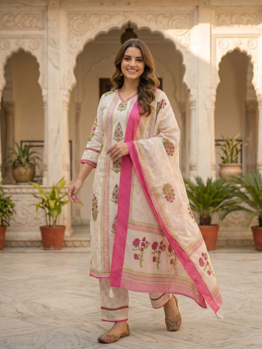 Ethnic Print Embroidered Straight Kurta with Pyjamas & Dupatta - Pink