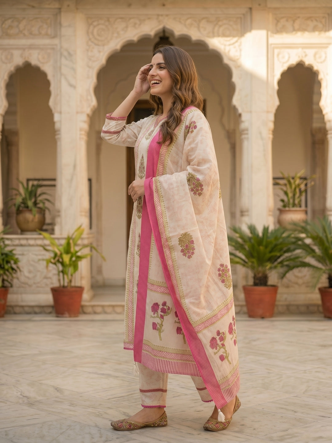 Ethnic Print Embroidered Straight Kurta with Pyjamas & Dupatta - Pink