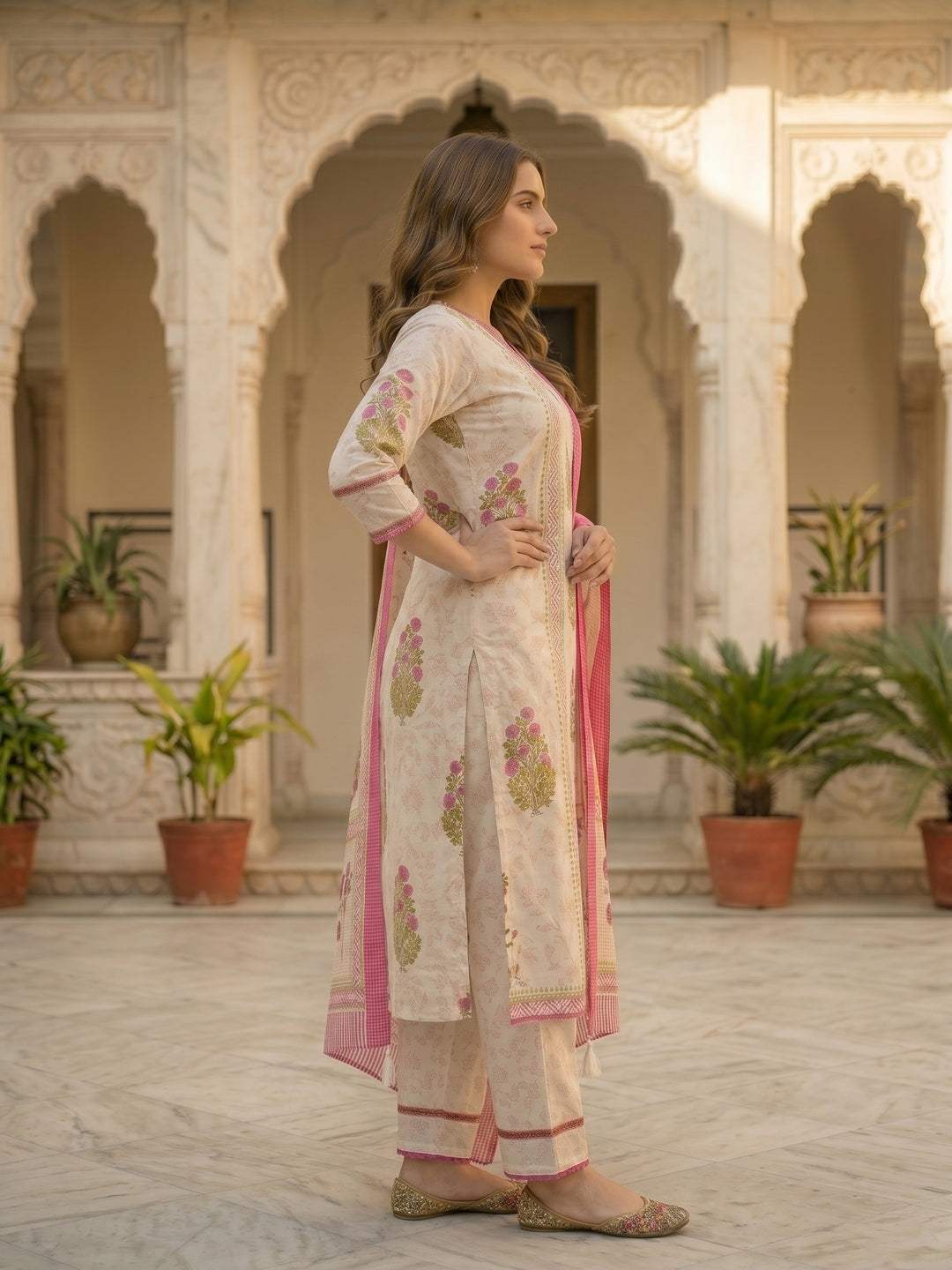Ethnic Print Embroidered Straight Kurta with Pyjamas & Dupatta - Pink