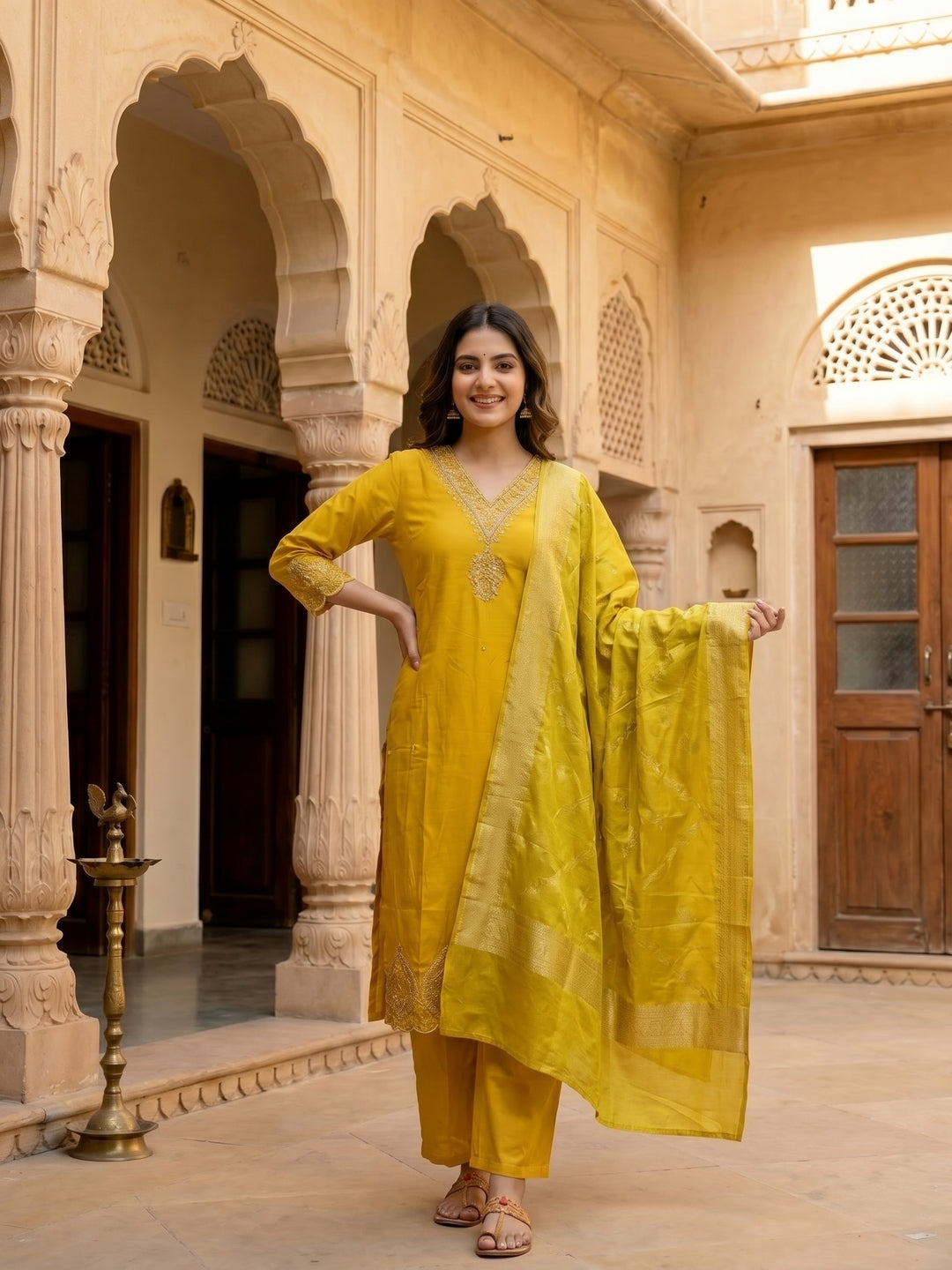 Yellow Solid Floral Hand Embroidered Straight Kurta with Pant & Dupatta