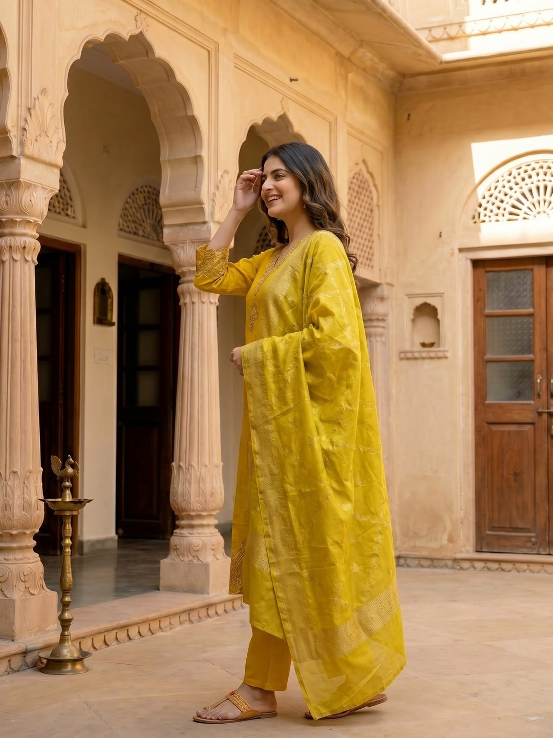 Yellow Solid Floral Hand Embroidered Straight Kurta with Pant & Dupatta