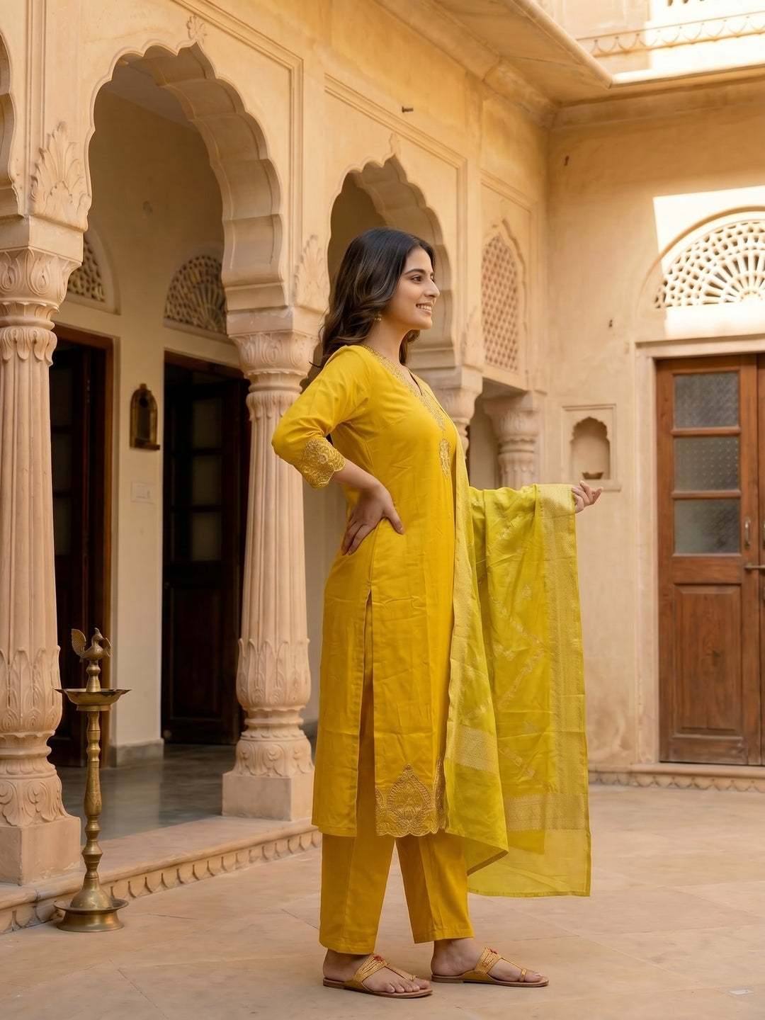 Yellow Solid Floral Hand Embroidered Straight Kurta with Pant & Dupatta