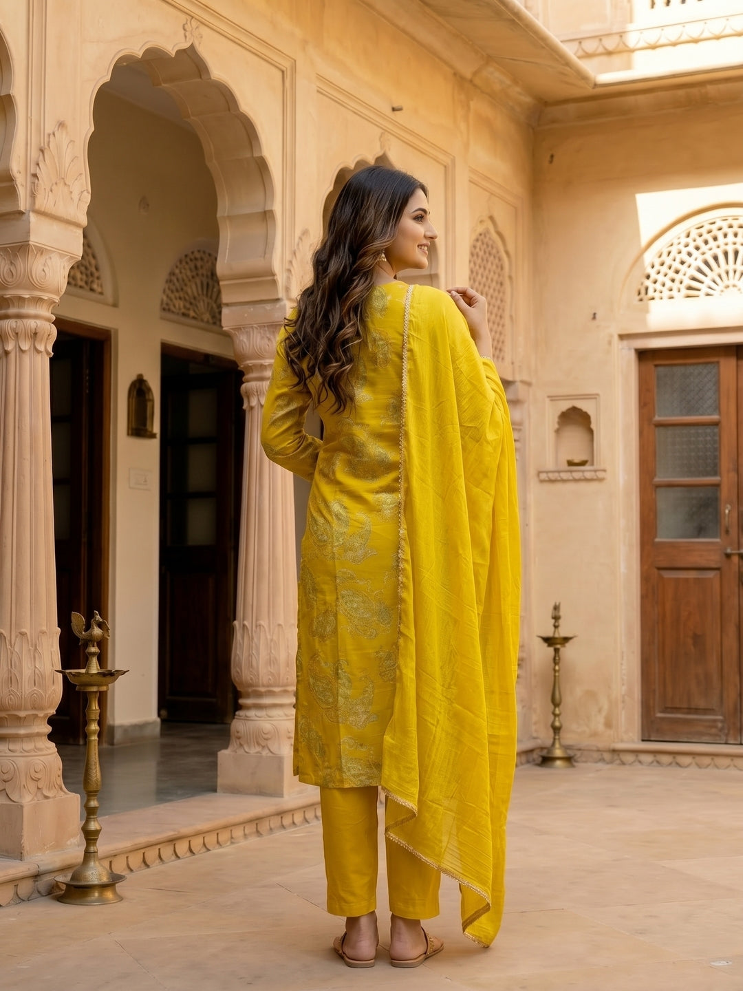Floral Printed Embroidered Straight Kurta with Pant & Dupatta - Sunshine Yellow