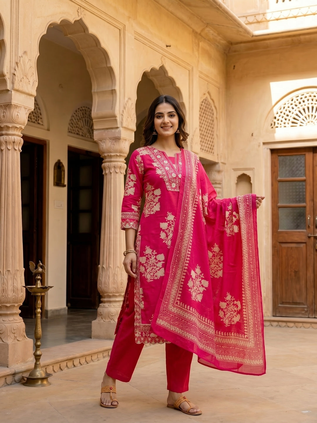 Ethnic Floral Printed & Thread Mirror Work Embroidered Straight Kurta with Palazzo & Dupatta - Pink