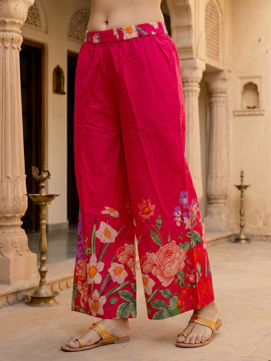 Fuchsia Pink Floral Printed Kurta Set with Straight Pants & Dupatta