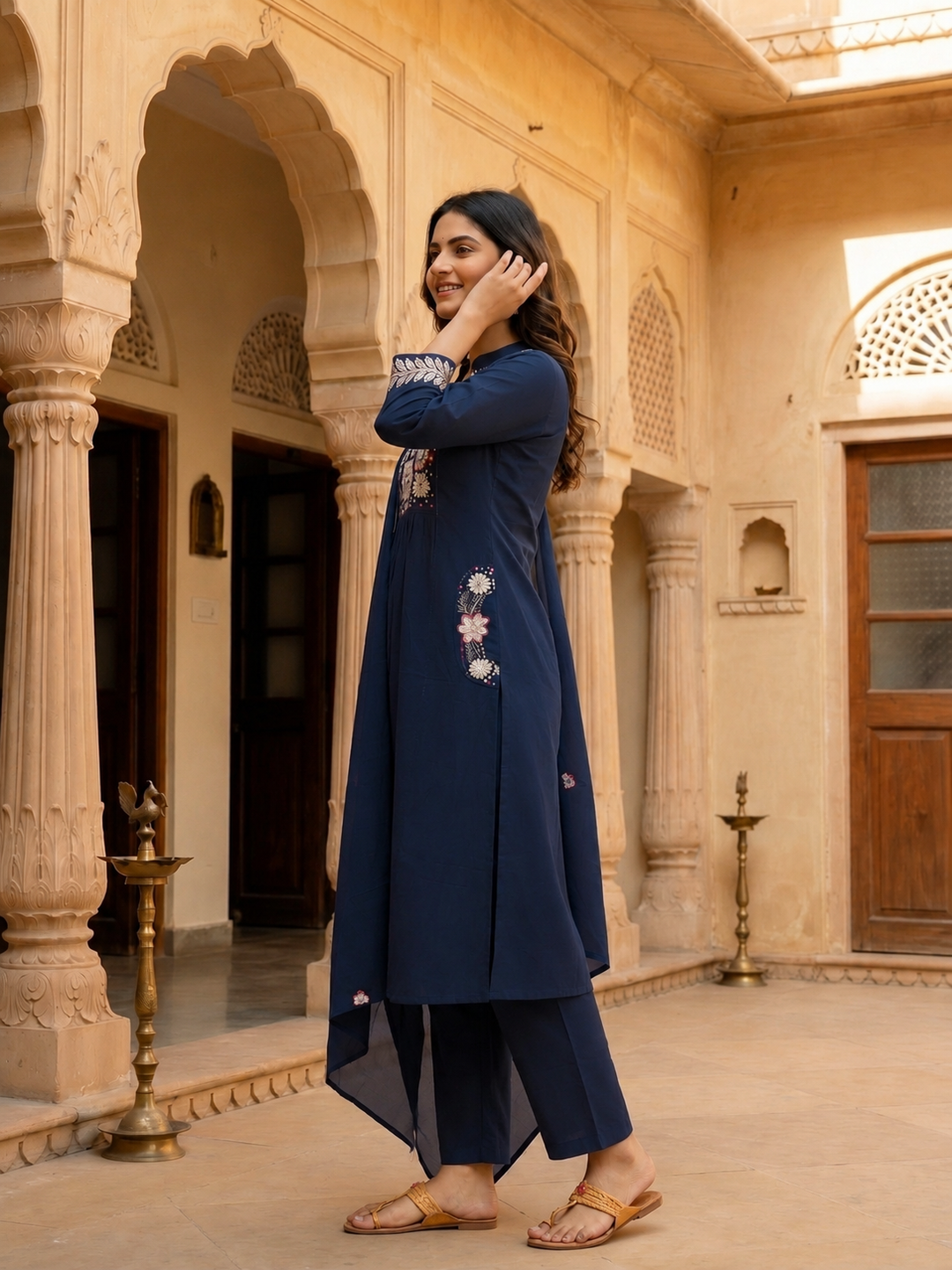 Solid Floral Embroidered A-Line Flared Kurta with Pant & Dupatta - Navy Blue