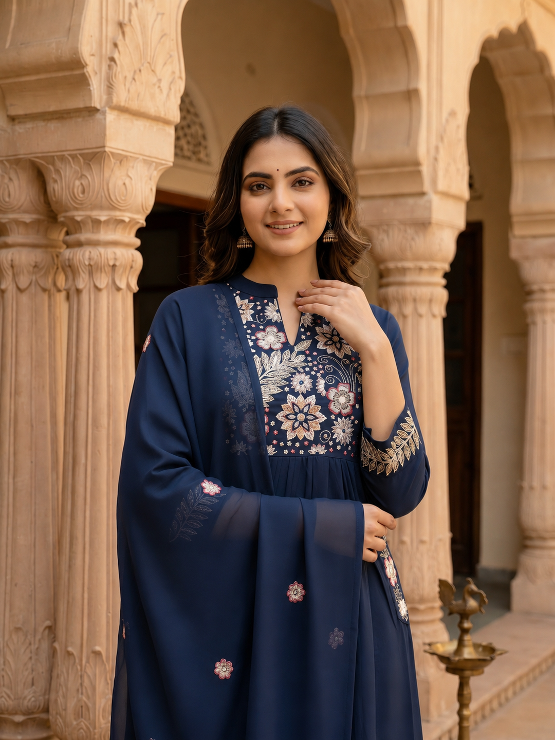 Solid Floral Embroidered A-Line Flared Kurta with Pant & Dupatta - Navy Blue