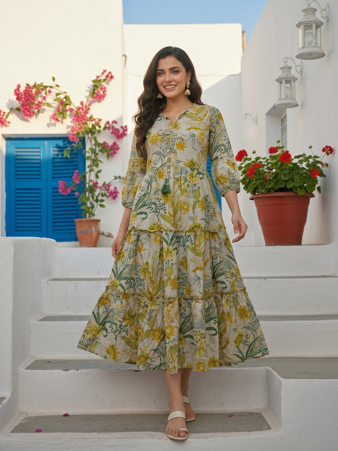 Tropical Floral Printed & Sequin Embroidered A-Line Tiered Maxi Dress - Mustard