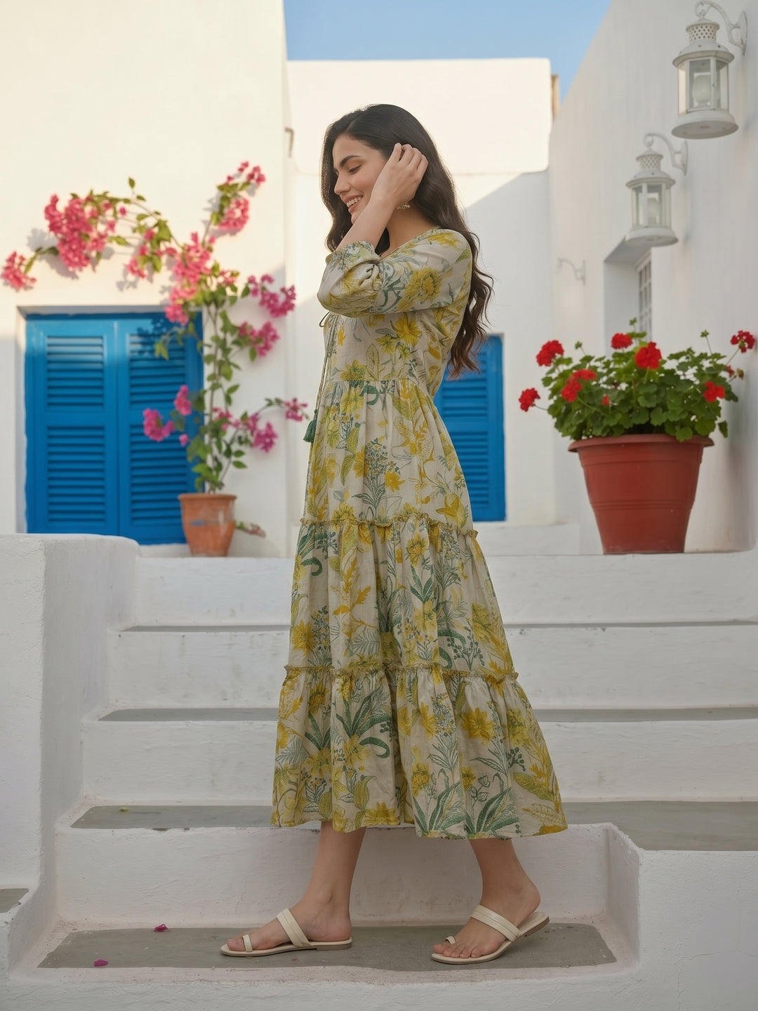 Tropical Floral Printed & Sequin Embroidered A-Line Tiered Maxi Dress - Mustard
