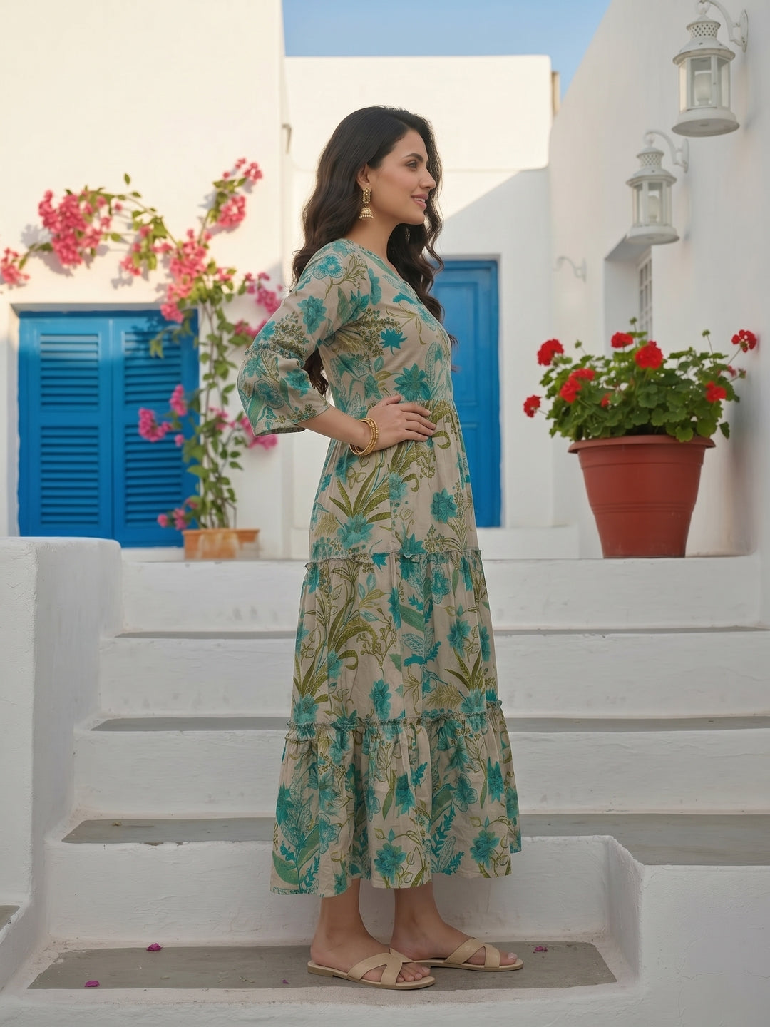 Tropical Floral Printed & Sequin Embroidered A-Line Tiered Maxi Dress - Teal