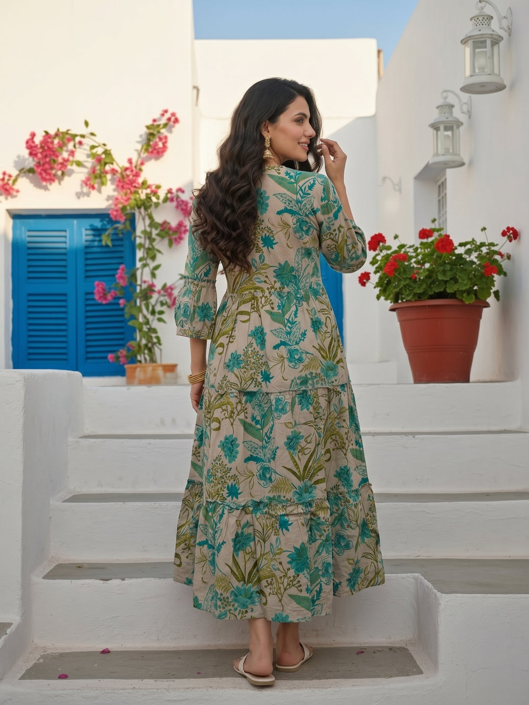 Tropical Floral Printed & Sequin Embroidered A-Line Tiered Maxi Dress - Teal
