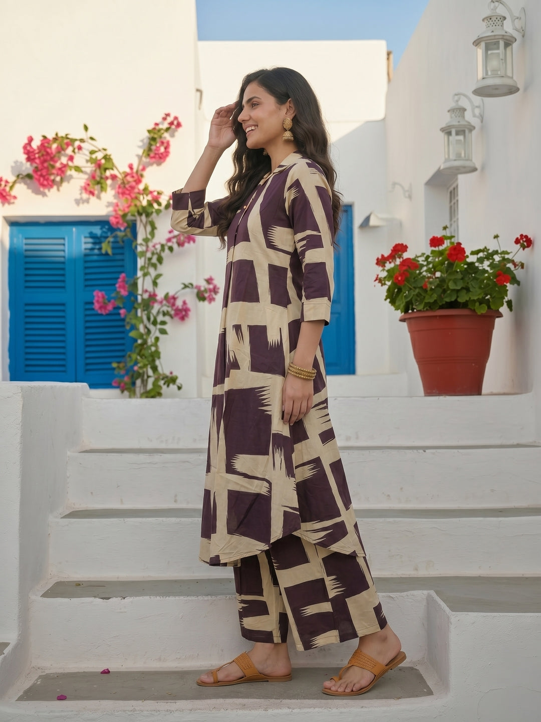 Abstract Print A-Line Kurta with Palazzo - Beige