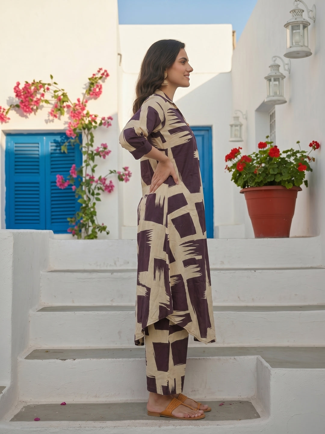 Abstract Print A-Line Kurta with Palazzo - Beige