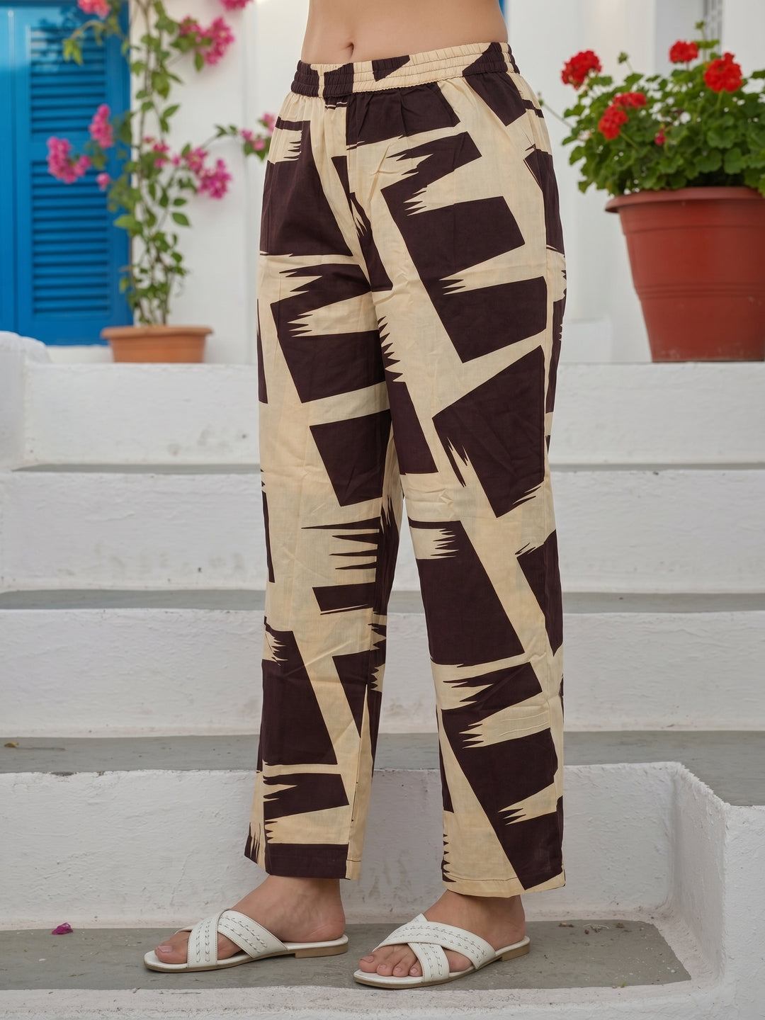 Abstract Print A-Line Kurta with Palazzo - Beige