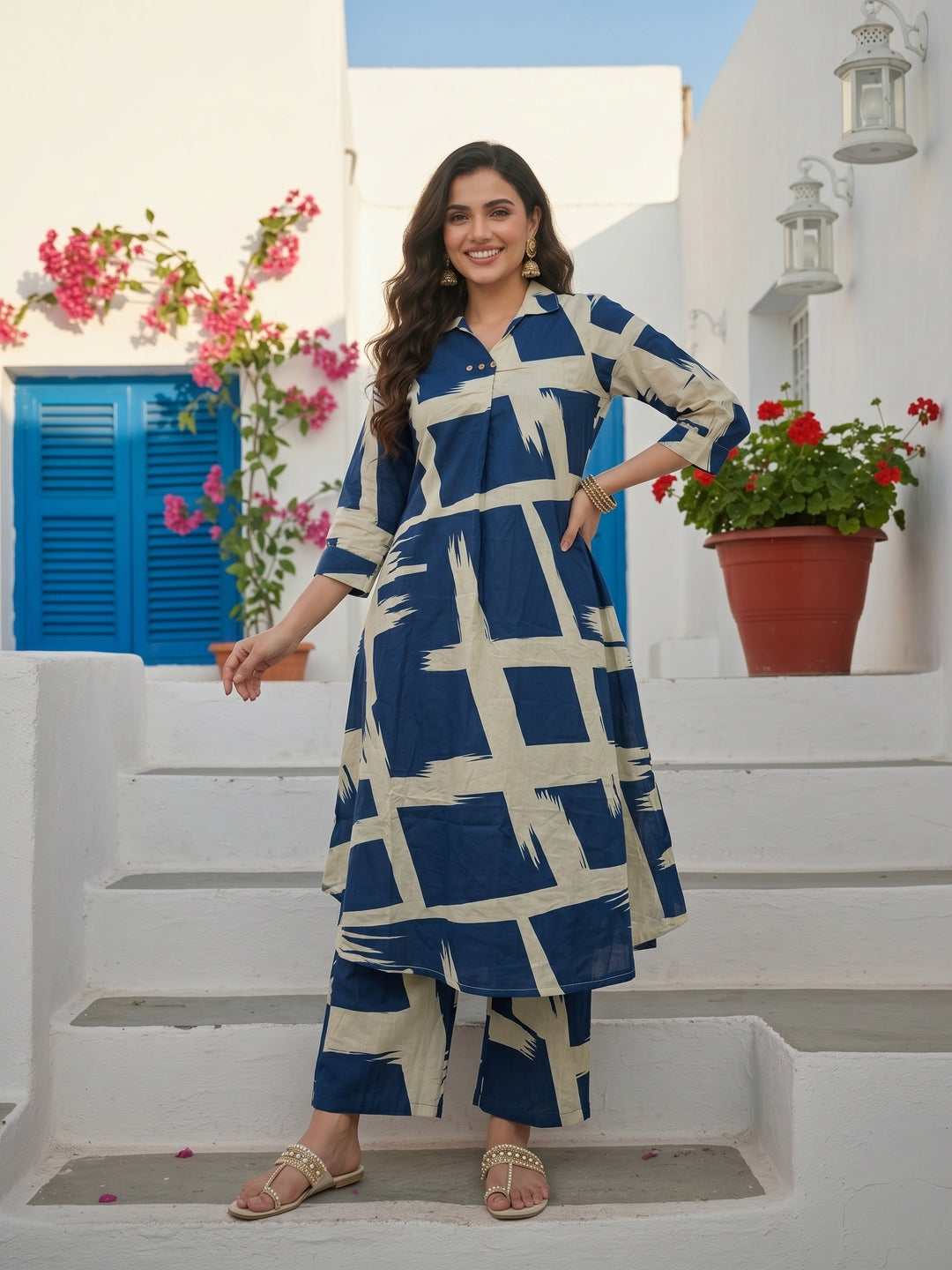 Geometric Abstract Printed A-Line Kurta with Pant- Navy Blue