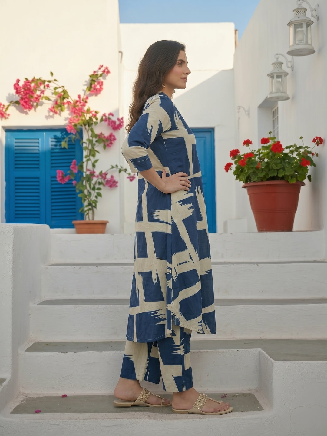 Geometric Abstract Printed A-Line Kurta with Pant- Navy Blue