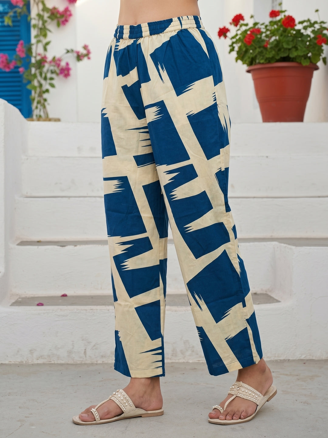 Geometric Abstract Printed A-Line Kurta with Pant- Navy Blue