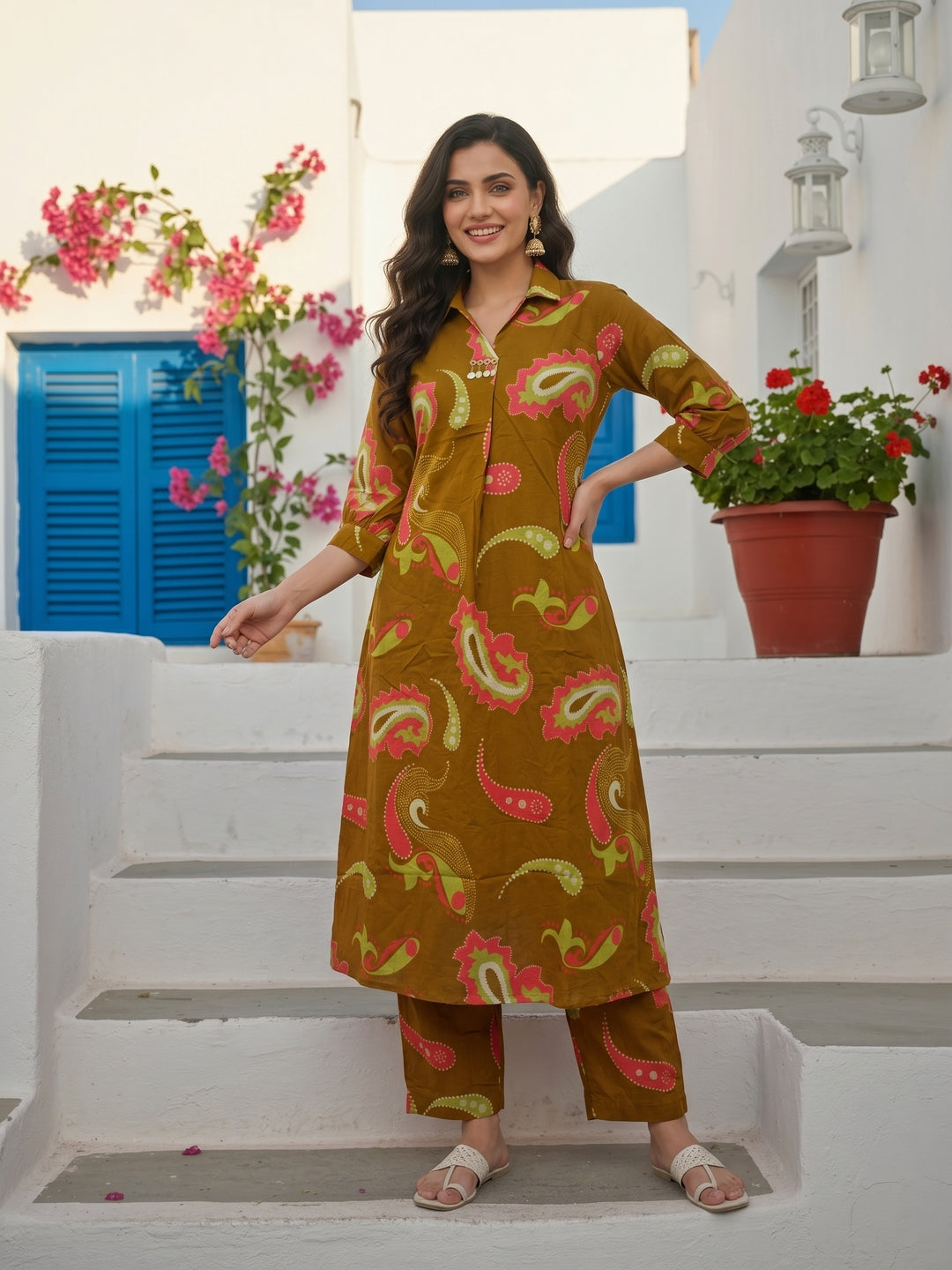 Abstract Print A-Line Kurta with Palazzo - Mustard
