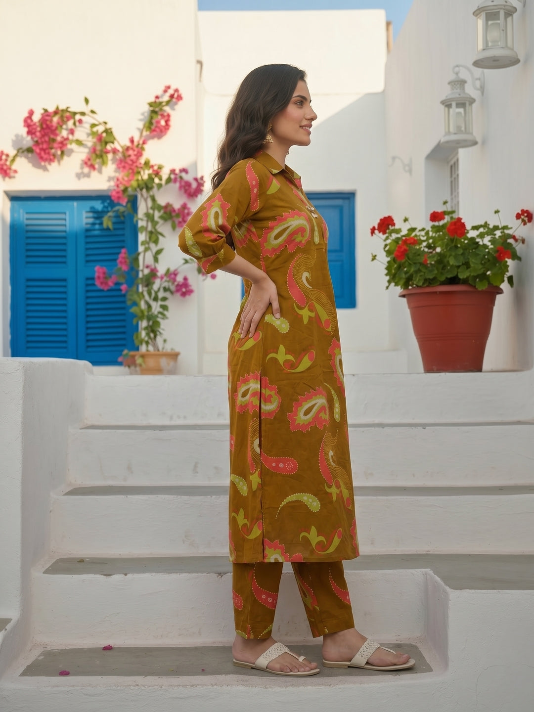 Abstract Print A-Line Kurta with Palazzo - Mustard