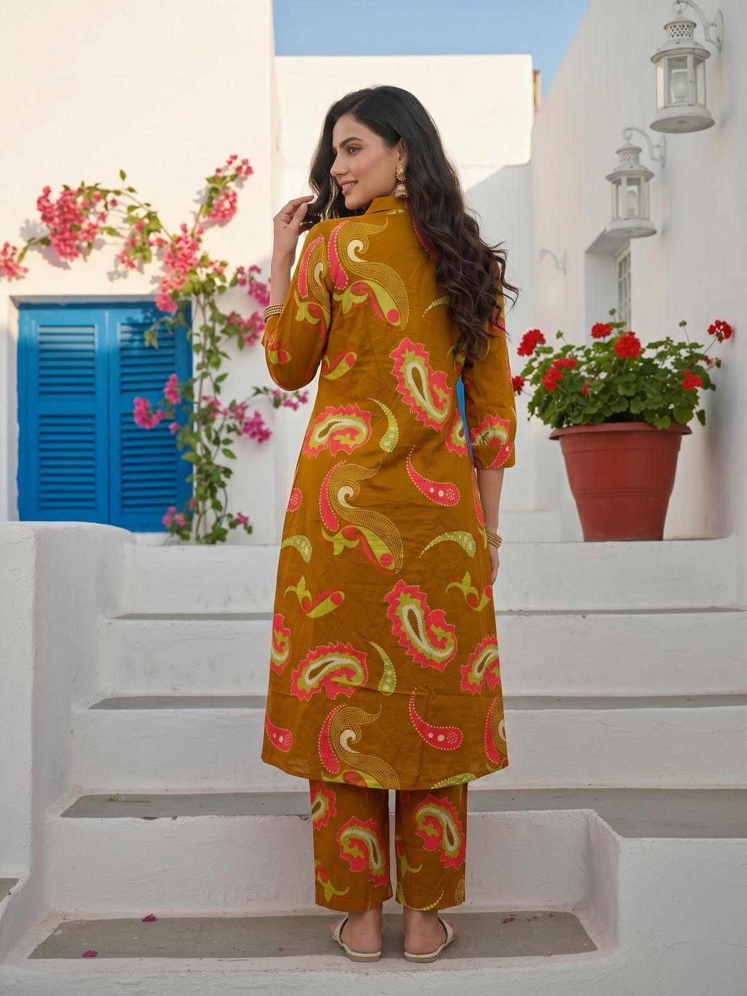 Abstract Print A-Line Kurta with Palazzo - Mustard