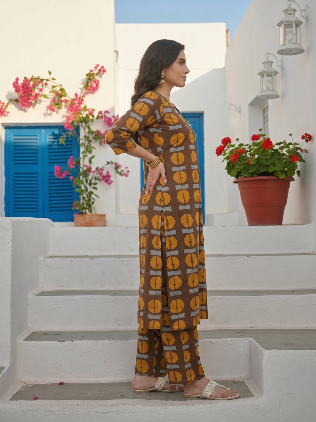 Abstract Printed A-Line Co-ord Set - Brown