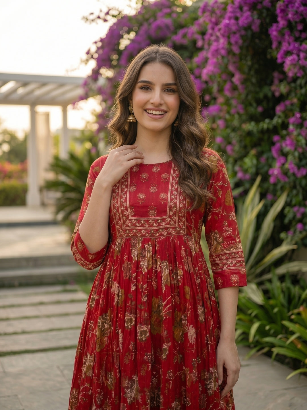 Ethnic Floral Printed Embroidered A-Line Pleated Maxi Dress - Maroon