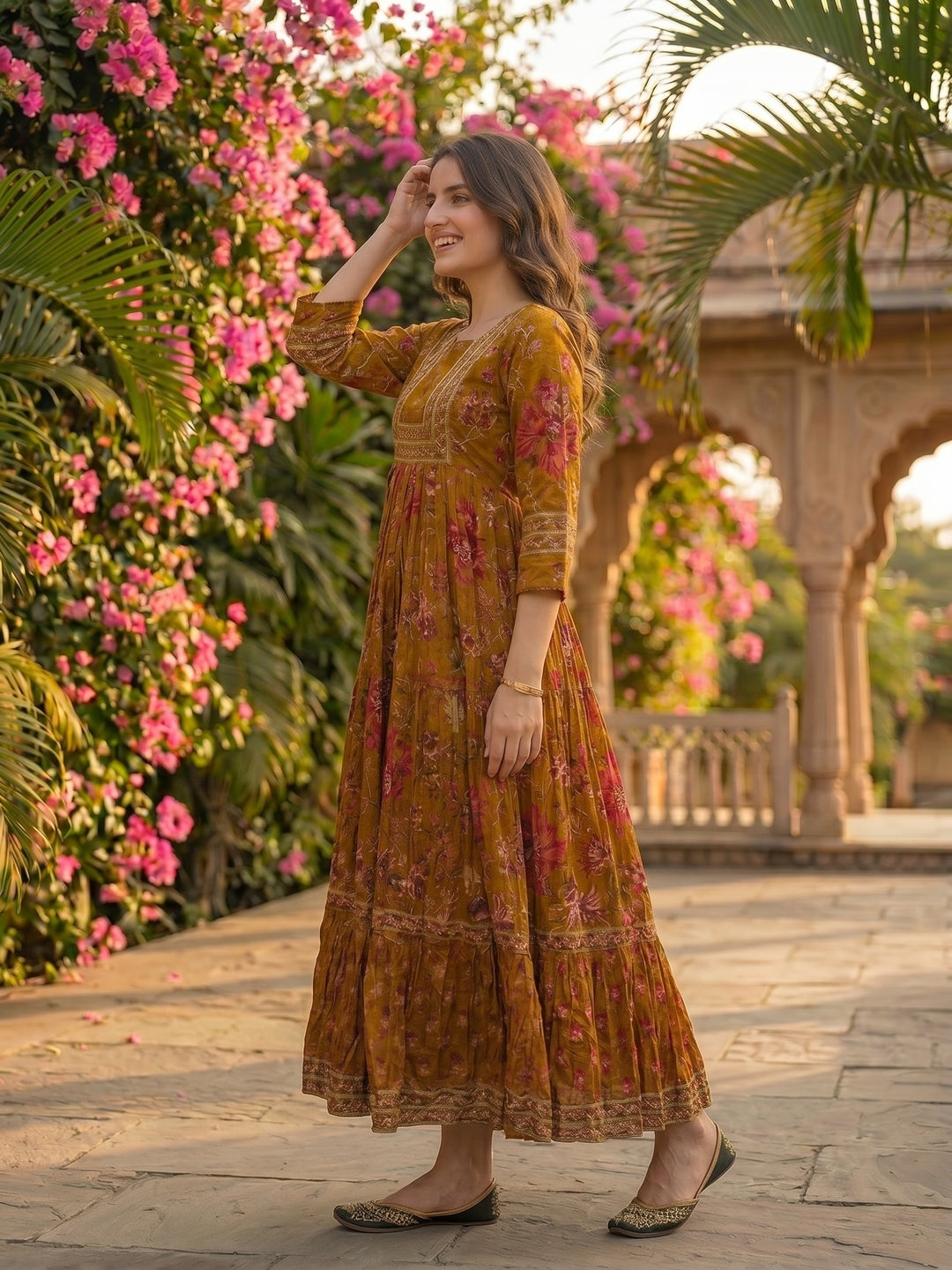Ethnic Floral Printed Embroidered A-Line Pleated Maxi Dress - Mustard
