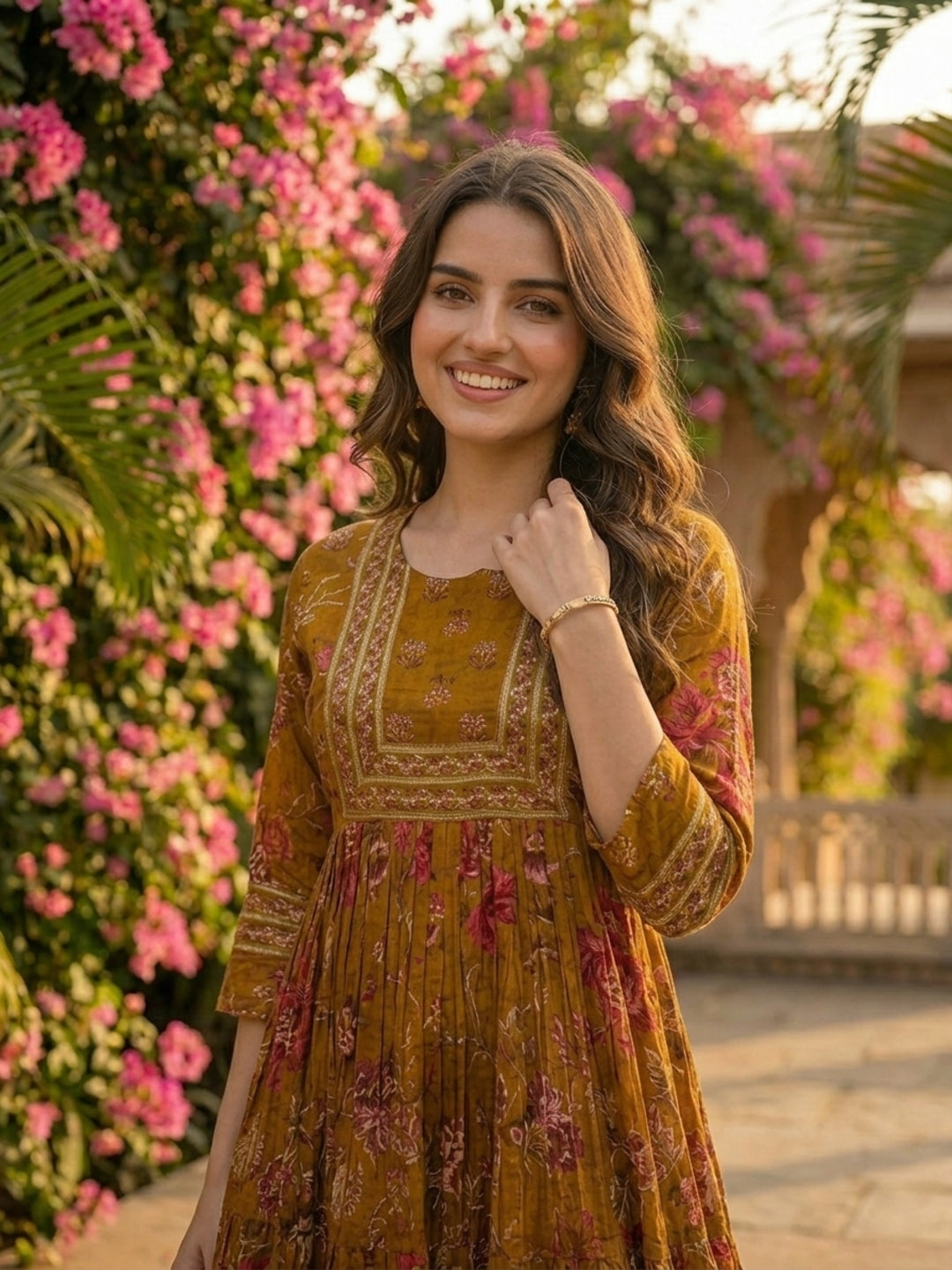 Ethnic Floral Printed Embroidered A-Line Pleated Maxi Dress - Mustard