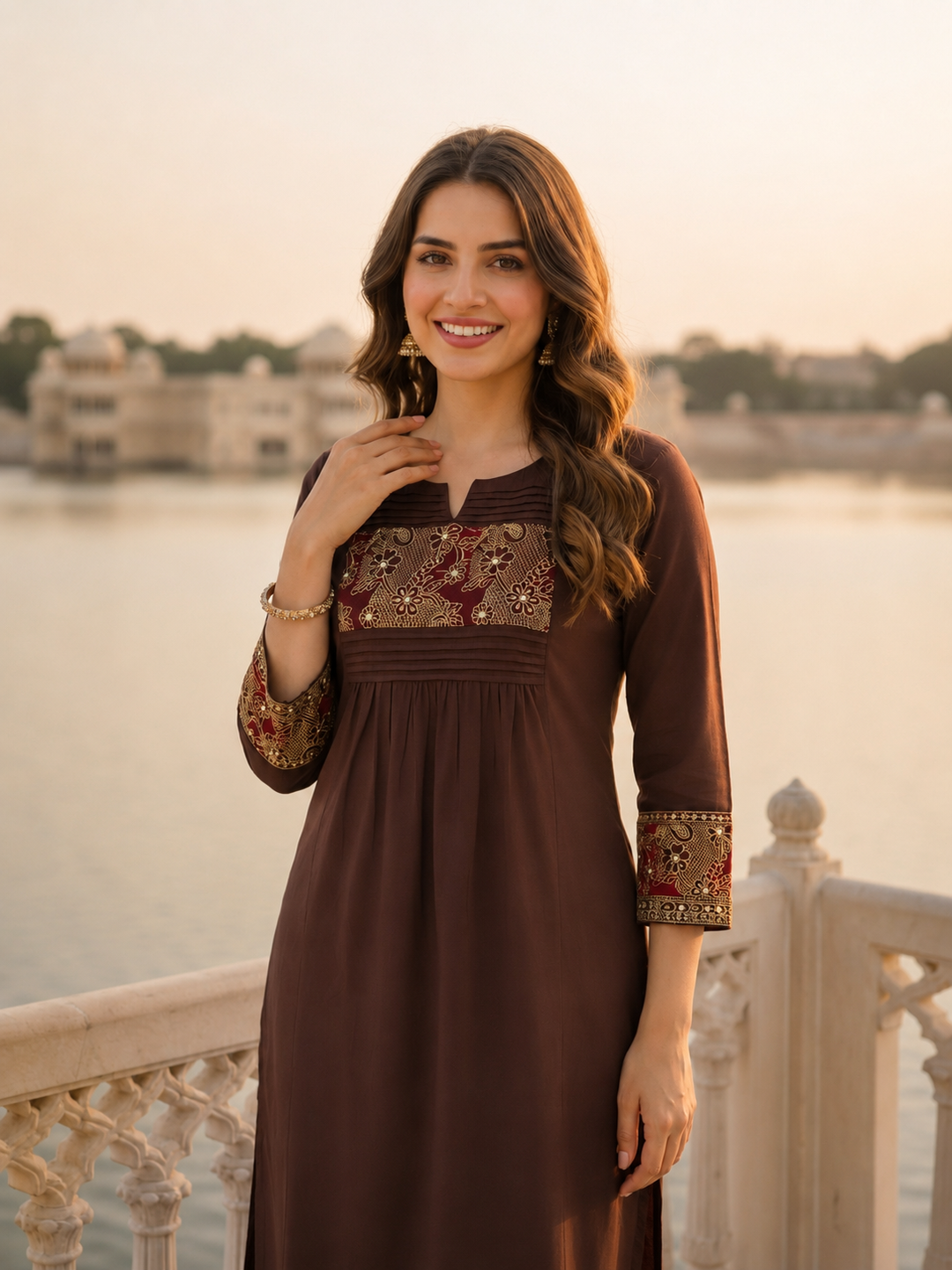 Solid Floral Kantha Embroidered A-Line Co-ord Set - Brown