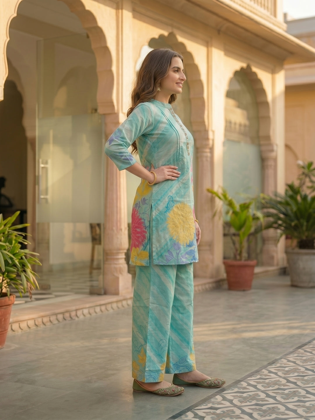Abstract Floral Printed Embroidered Straight Fit Co-ord Set - Sky Blue