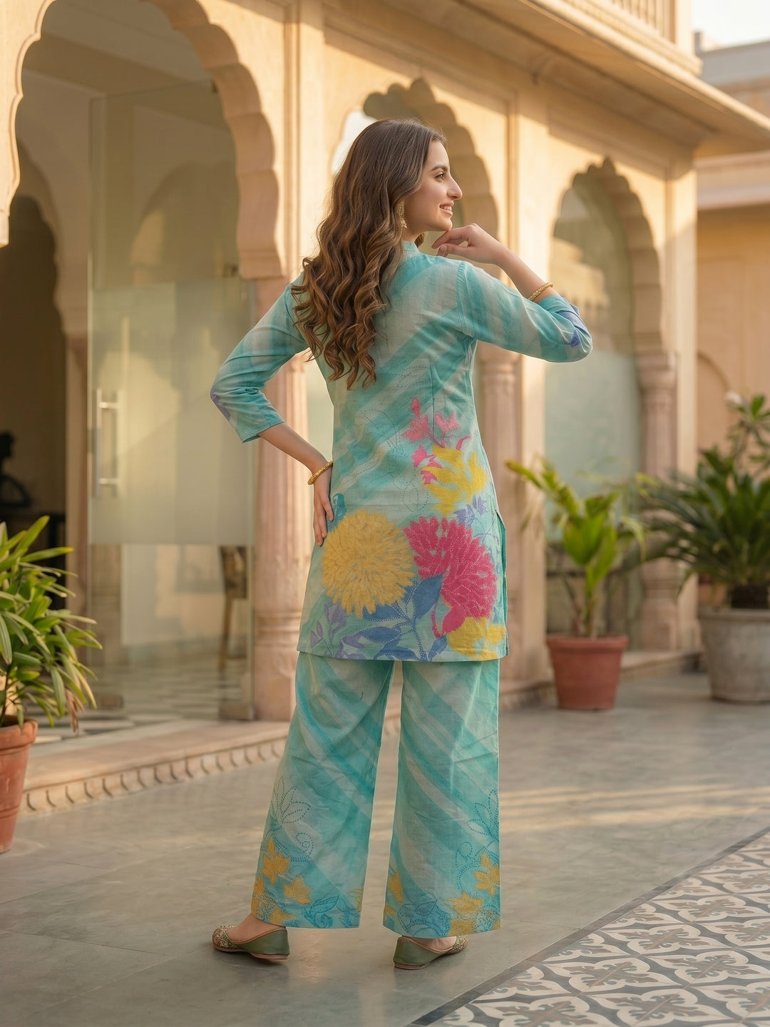Abstract Floral Printed Embroidered Straight Fit Co-ord Set - Sky Blue