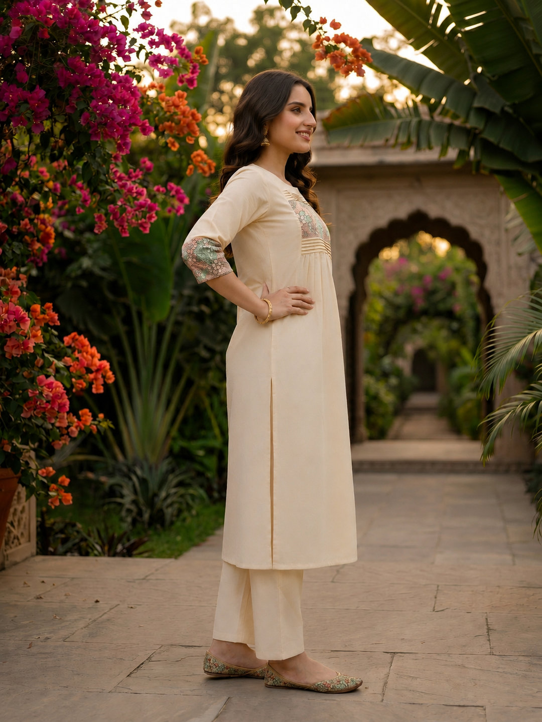 Solid Floral Kantha Embroidered A-Line Co-ord Set - Off White