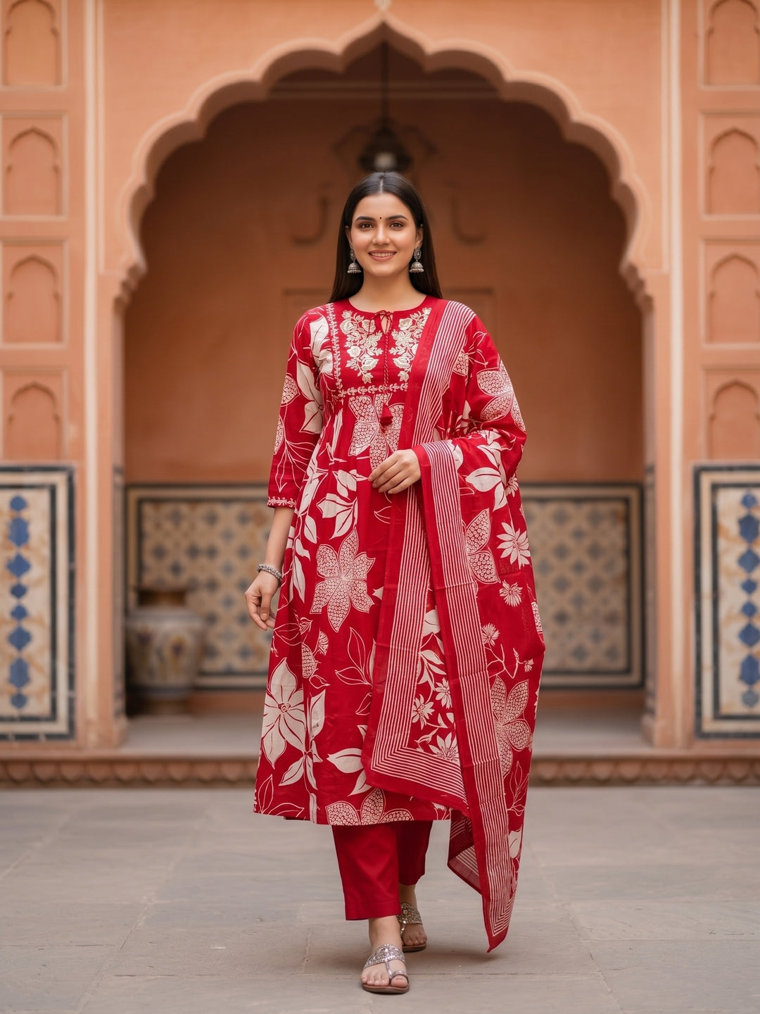 Floral Printed Kurta Set with Straight Pant & Dupatta - Red
