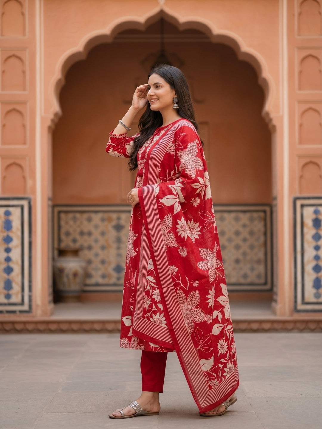 Floral Printed Kurta Set with Straight Pant & Dupatta - Red