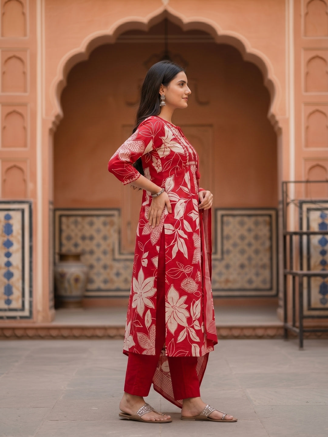 Floral Printed Kurta Set with Straight Pant & Dupatta - Red