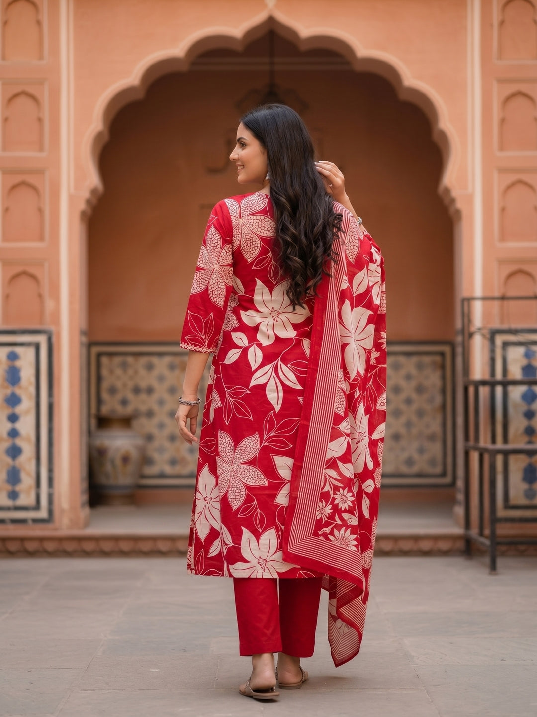 Floral Printed Kurta Set with Straight Pant & Dupatta - Red