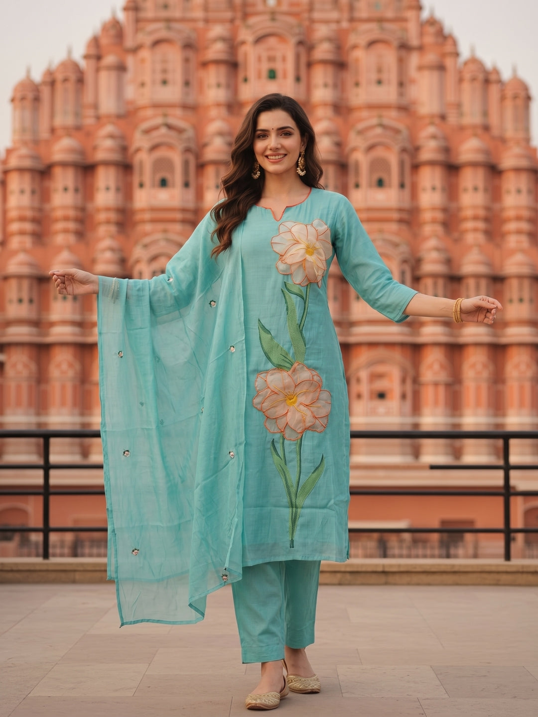 Solid Floral Appliqué Embroidered Straight Kurta with Pyjama & Dupatta - Blue