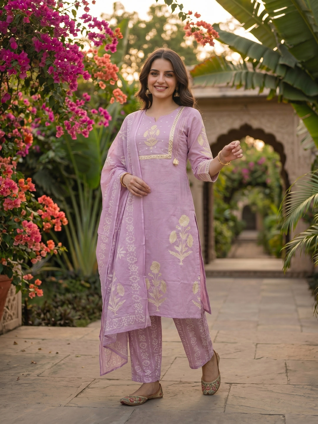 Floral Block Printed & Sequin Mirror Work Embroidered A-Line Kurta with Palazzo & Dupatta - Lavender