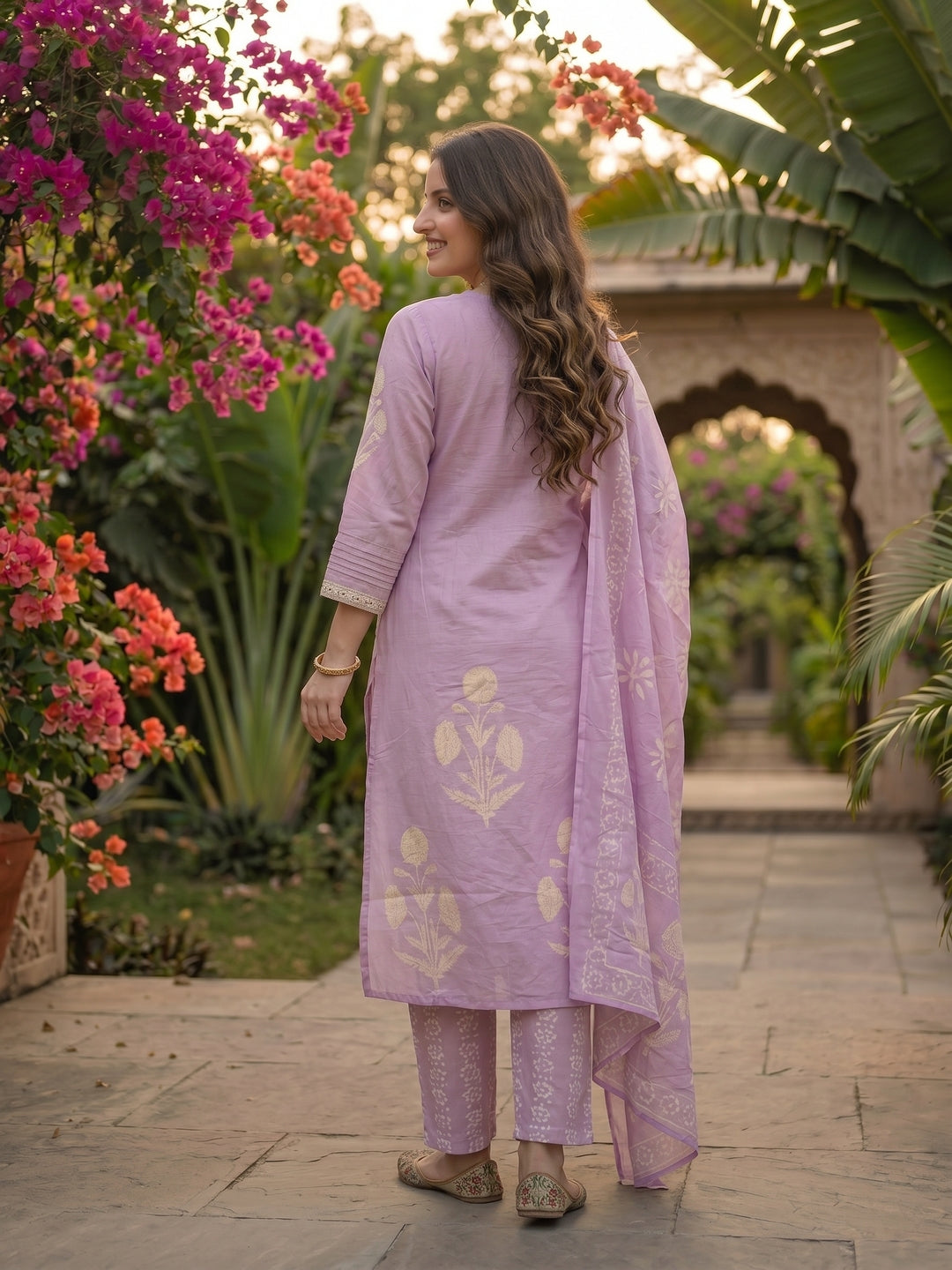 Floral Block Printed & Sequin Mirror Work Embroidered A-Line Kurta with Palazzo & Dupatta - Lavender