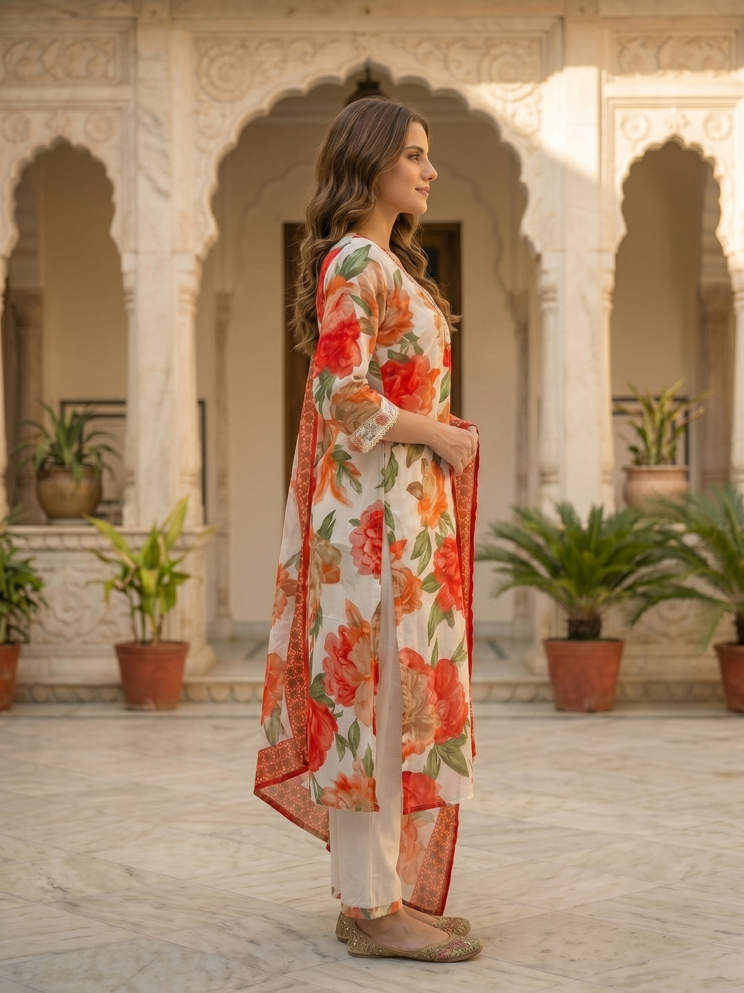 Abstract Floral Printed A-Line Kurta with Pant & Dupatta - Red