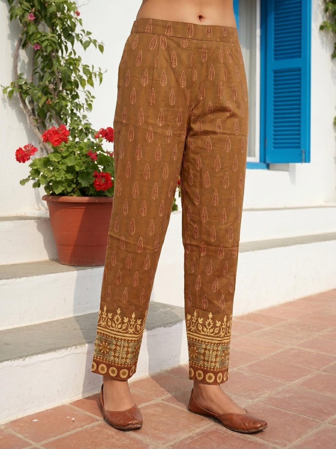 Floral Printed Embroidered Straight Kurta with Pant and Dupatta - Brown